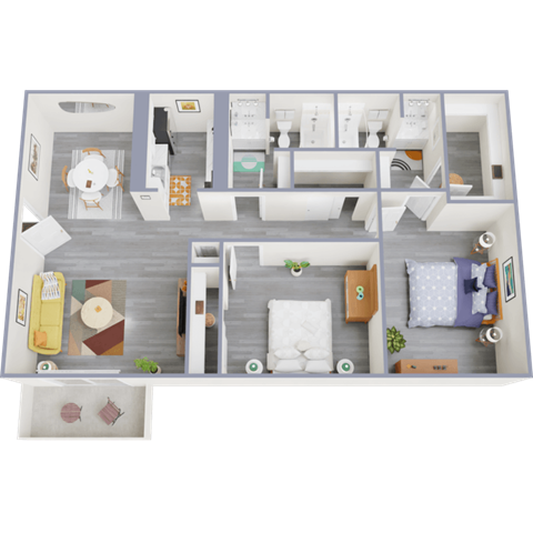 Floor plan for 2 beds, 2 baths, 909 sqft